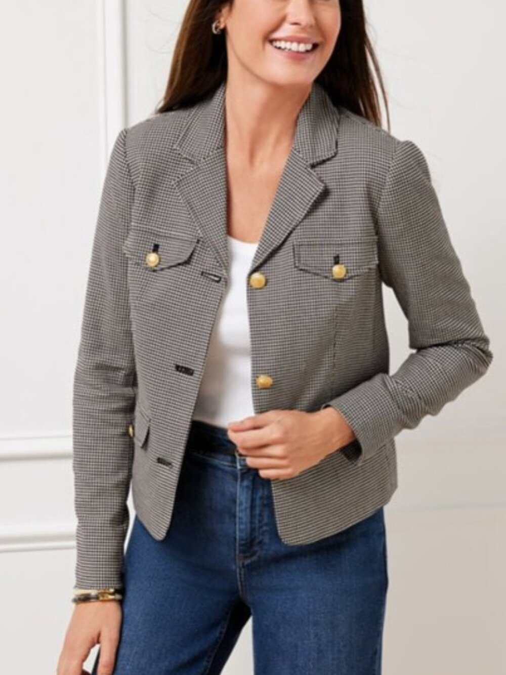 EUC Talbots Black & White Houndstooth Gold-Button Blazer Jacket, sz 10